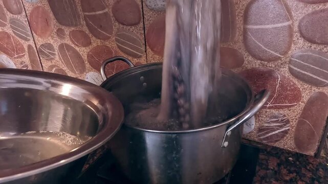 Adding raw octopus to a pot of boiling water in order to blanch it, seafood cooking preparation at home in a candid mundane moment of daily life