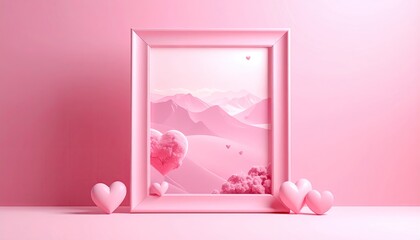 Soft pastel pink framed artwork with mountain scenery and heart decorations.