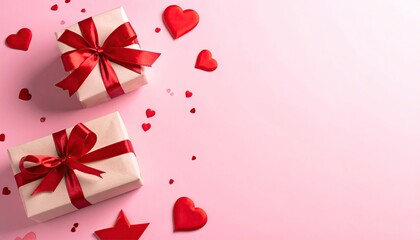 Two romantic gift boxes with red ribbons and heart decorations on a pink background.