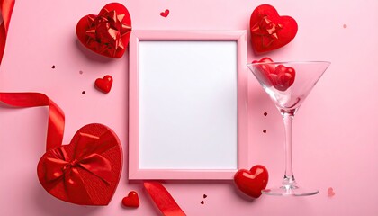 Romantic Valentines Day composition with red hearts and empty frame.