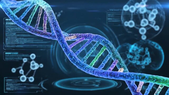 Close-up of a spinning DNA double helix with scientific molecular structures and digital interfaces in the background