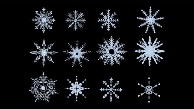 sparkling selection of icy glittering shiny animated snowflakes with glitter sparkles on a plain background that can be made invisible using screen blending mode 4K elements