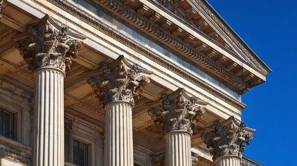 A majestic building facade showcases intricately designed Corinthian columns and classical architectural detailing against a vibrant, clear blue sky backdrop.
