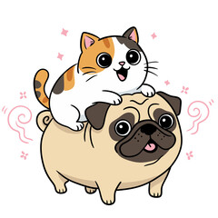Naklejka premium Cute cat riding on pug dog on transparent background. Funny animal friendship for sticker, poster design.