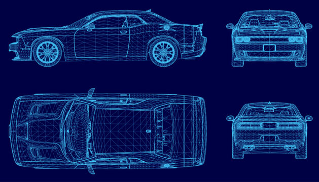 Blueprint wireframe of a car design displayed on a solid blue background, highlighting the vehicle's detailed technical structure and engineering layout.