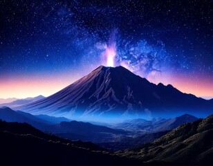 Majestic volcanic mountain range erupting at night under a star-filled indigo sky