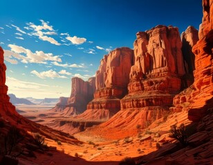 Towering sandstone cliffs showcasing intricate erosion patterns and vibrant red ochre under a vast blue sky with scattered clouds.