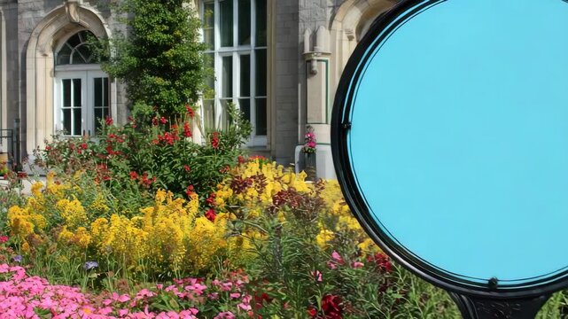 Ornamental Flowerbed with Red and Yellow Blooms Beneath Ornate Building Facade with White Doors and Arched Windows Blue Circle Billboard Structure Surrounded by Flowers