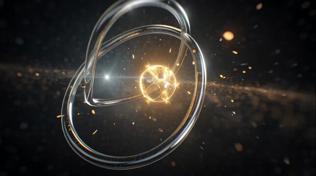 demonstrating a glowing atomic model with orbiting rings and radiant center