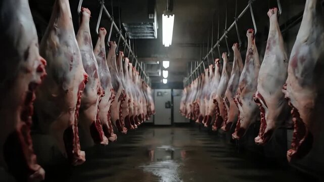 Rows of Animal Carcasses Hanging in a Cold Storage Butcher Facility Industrial Meat Processing