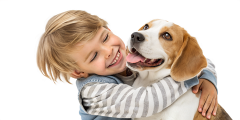 Happy child hugging a friendly dog with a warm smile. Emotional and realistic moment showing love, trust, and friendship between a child and a pet. Isolated on clean background, high quality image.