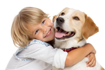 Happy child hugging a friendly dog with a warm smile. Emotional and realistic moment showing love, trust, and friendship between a child and a pet. Isolated on clean background, high quality image.