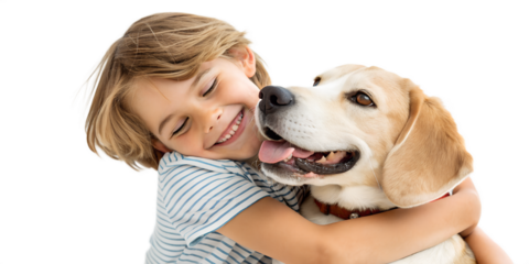 Happy child hugging a friendly dog with a warm smile. Emotional and realistic moment showing love, trust, and friendship between a child and a pet. Isolated on clean background, high quality image.