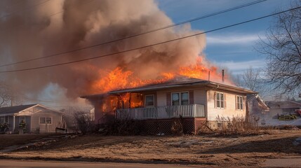 Naklejka premium A house ablaze in flames, engulfed by thick smoke, under a clear blue sky. Emergency services likely en route, neighbors watch with concern. A tragic scene unfolds.