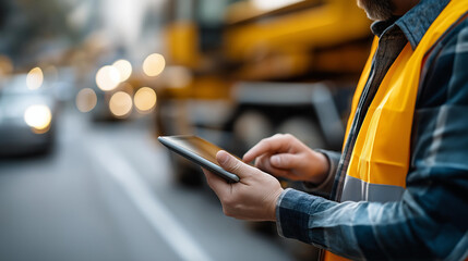 Faceless construction worker in safety vest using tablet on busy street during day near heavy machinery and parked vehicles, mobile technology on site, defocused person with device, with copy
