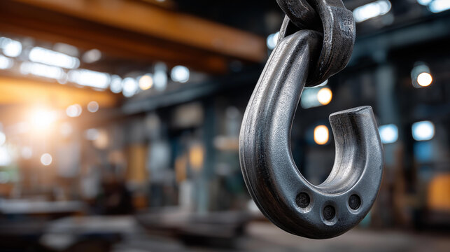 Industrial heavy lifting hook closeup view, factory metal crane detail, hoisting equipment, material handling machinery, construction lifting device, load-bearing hardware, with copy space - Powered by Adobe