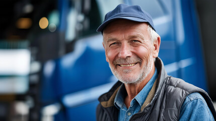 Obraz premium Faceless elderly truck driver smiling joyfully in front of blue truck expressing pride in work, portrait for transport industry, senior commercial vehicle operator, defocused older face, with