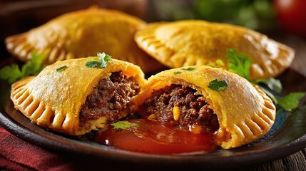 Golden, savory pastries with a rich, flavorful filling. These delicious treats are perfect for a quick snack or a satisfying meal. Garnished with herbs and served with a spicy sauce.