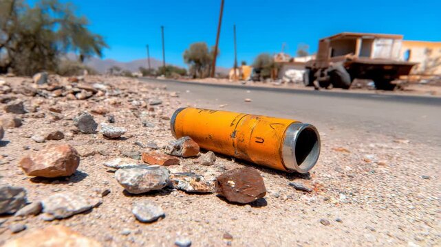 Old yellow object lies on the ground near a dirt road in a dry area under bright sunlight with some rocks scattered around