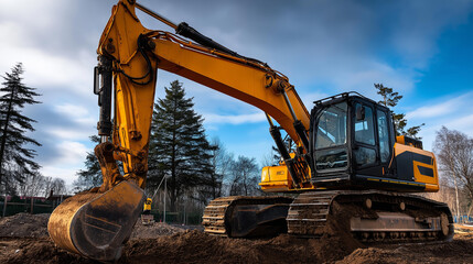 Obraz premium Excavator on construction site, earth-moving equipment, building project machinery, ground preparation equipment, heavy industrial vehicle, construction operation hardware, with copy space