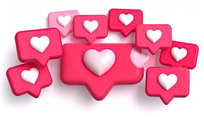 Modern 3D social media like notification icons with hearts in vibrant pink and red.