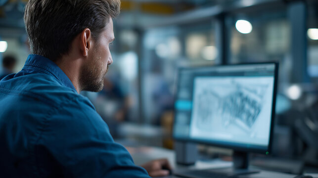 Faceless over shoulder shot of engineer working with CAD software on desktop computer, screen shows technical drafts and drawings, engineering facility specializing on industrial design,