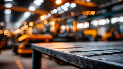 Industrial workbench with blurred background closeup of metal workbench in bustling industrial setting with blurred background of heavy machinery and warm lighting, defocused facility, with copy