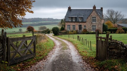 Obraz premium Quiet rural farmstead with brick and stone walls, steep gables, and a cloudy sky