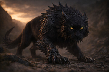 Gepanzertes Fantasie-Raubtier mit goldenen Augen in mystischer Umgebung