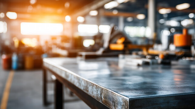 Industrial workbench with blurred background closeup of metal workbench in bustling industrial setting with blurred background of heavy machinery and warm lighting, defocused facility, with copy