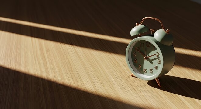 Retro alarm clock on a wooden desk with striking daylight shadows, illustrating time transition and the annual daylight saving concept. - Powered by Adobe