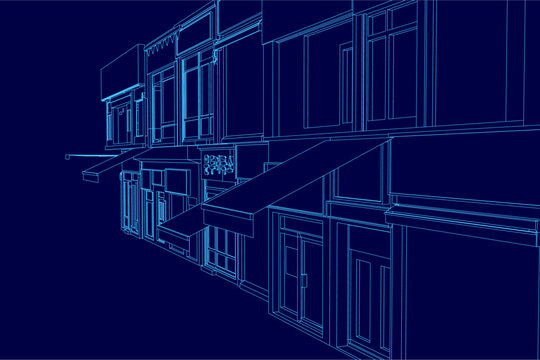 Detailed blueprint of an Asian-style shop building on a dark blue background, featuring clear architectural contours, windows, and doors.