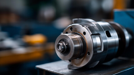 Fototapeta premium Spare parts of hydraulic piston pump on working inspection and repair maintenance heavy machinery, component servicing, equipment overhaul, mechanical maintenance work, with copy space
