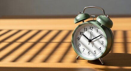 Classic green alarm clock on a sunlit wooden table with morning shadows, illustrating the crucial seasonal daylight saving time concept