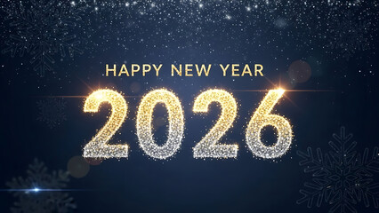 happy new year 2026, new year 2026, 2026 celebration, sparkling numbers, glitter text, festive design, winter holiday, dark blue background, snowflake background, falling snow, shining snowflakes, 