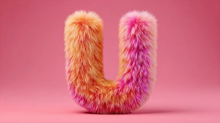 Fototapeta premium Fluffy 'U' on Pink: A plush letter 'U', split with orange and pink hues, creates a playful contrast against a solid pink backdrop. Soft texture invites tactile interaction.