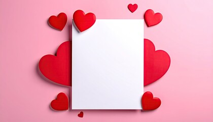 Red hearts and blank white card on pink background for love messages.