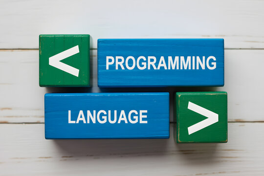 "Programming Language" Visual Concept on Wooden Blocks for Business or Media. Minimalist Wooden Blocks Composition.