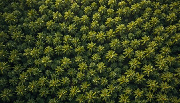 Lush green palm tree plantation from above view