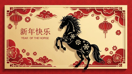 Vibrant Year of the Horse Celebration with Red Lanterns and Floral Patterns on Beige Background