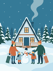 Happy family building a snowman at a cozy winter cabin under starry night sky
