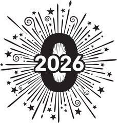 Retro Sunburst Star Celebration 2026 Silhouettes on White Background