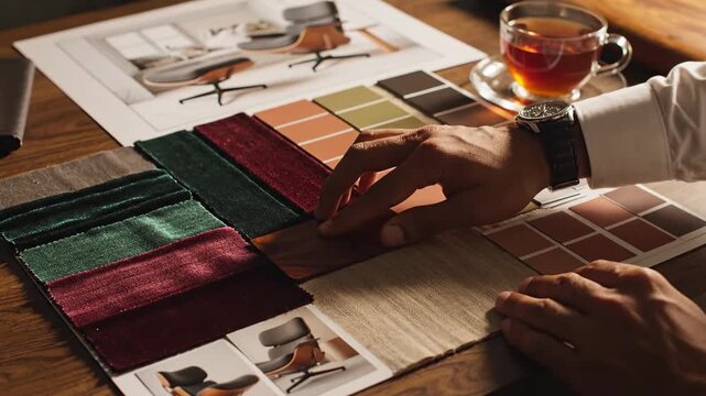 Interior designer's hands selecting fabric swatches and color palettes, planning a home decor