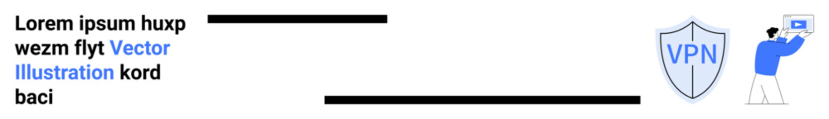 Obraz premium Shield with VPN label represents cybersecurity and protection. Man setting up a secure system. Ideal for technology, safety, internet security, privacy, remote work, tools, and simple landing page