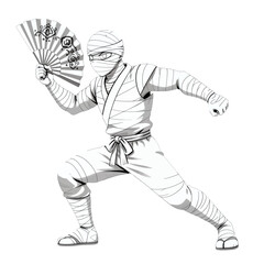 Bandaged warrior in dynamic pose holding decorative fan