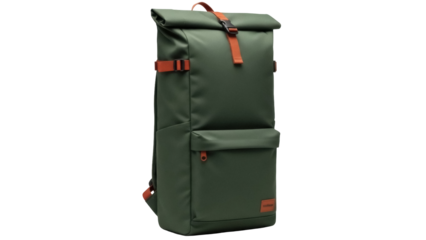 Isolated olive green backpack with orange accents on a neutral surface for product display