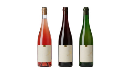 Fototapeta premium Isolated assorted glass wine bottles row, red, rosé, green. No labels on the bottles. Mockup.