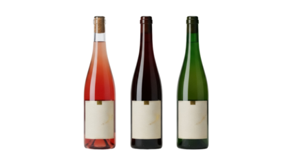 Isolated assorted glass wine bottles row, red, rosé, green. No labels on the bottles. Mockup.