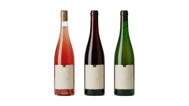 Isolated assorted glass wine bottles row, red, ros&eacute;, green. No labels on the bottles. Mockup.