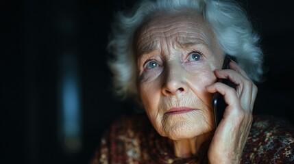 Worried senior woman with white hair uses smartphone in dimly lit room. She looks concerned while listening, creating a somber yet engaging visual story.